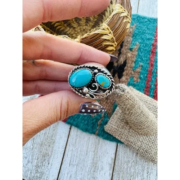 Handcrafted Turquoise & Sterling Silver Cigar Band Ring Size 10.5